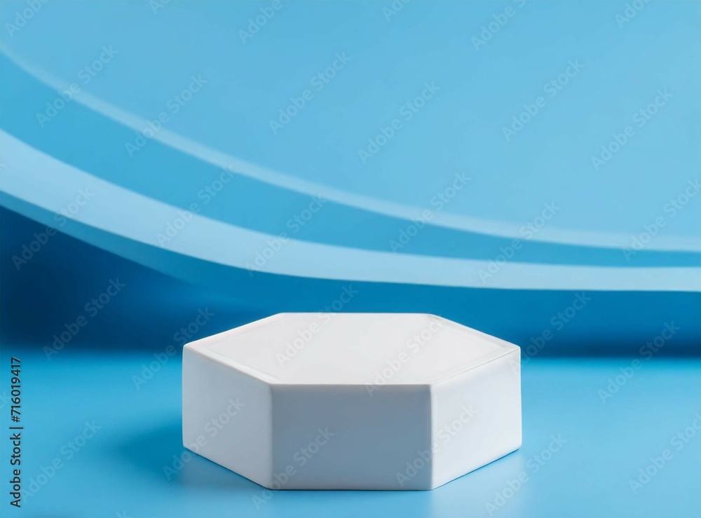 Sticker White display podium with blue background. Copy space.