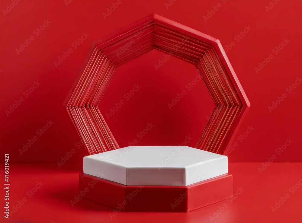 Sticker Empty white podium on red background for product display