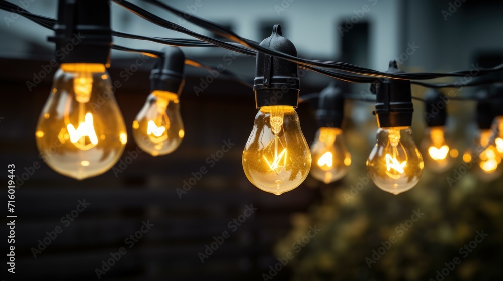 Poster a string of light bulbs are hanging from a wire. generative ai.