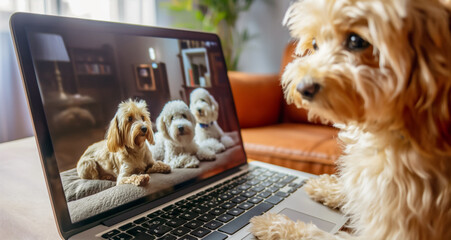 dog talking to dog friend in video conference. puppy  are watching in the live video chat screen on a laptop. Pets using a computer.	 - obrazy, fototapety, plakaty