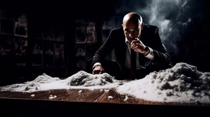 Mafia boss with huge pile of illicit drugs - obrazy, fototapety, plakaty