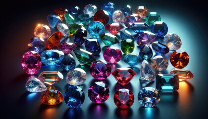 An exquisite array of colorful gemstones, showcasing luxury and diversity in brilliance.For promoting jewelry or luxury goods.Educational materials for mineralogy,geology.