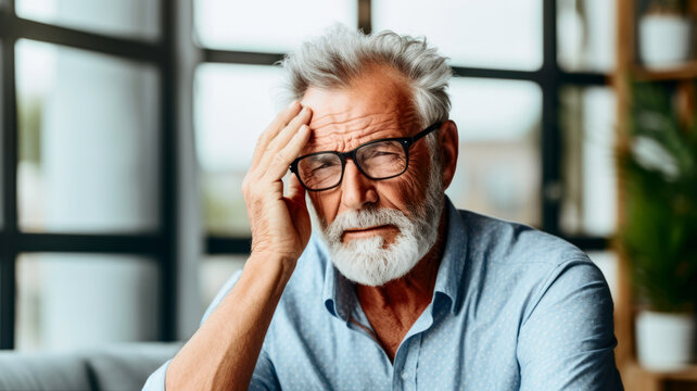 Troubled senior man experiencing depression or headache