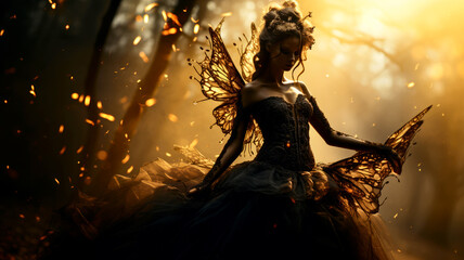 Dark beautiful fairy in forest - obrazy, fototapety, plakaty