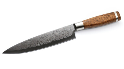 Chef's kitchen knife with damascus steel blade isolated on white background - obrazy, fototapety, plakaty