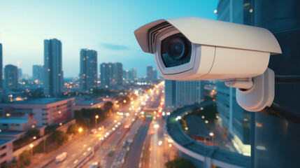 CCTV camera on the street, evening light, security, control concept