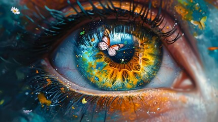 a colorful eye with a splash of paint on it's irise and a butterfly on its irise