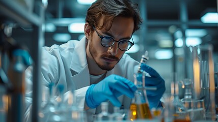 Fototapeta premium scientist in laboratory, a man in a white lab coat and blue gloves holding a syringe and a pipe in his hand