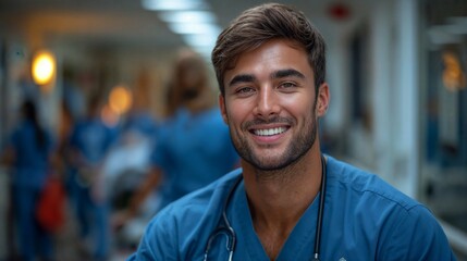 AI generated illustration of a young doctor smiles inside a hopsital - obrazy, fototapety, plakaty