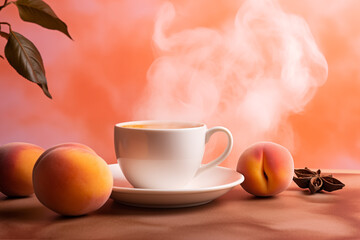 Naklejka na ściany i meble Cup of coffee with fresh apricots on orange background.