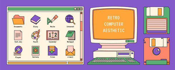 Set with retro pc elements, user interface, icons, computer, floppy disk. Abstract old aesthetic background. Linear vaporwave desktop wallpaper. Trendy, nostalgic, colorful style 90s, 00s. 