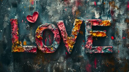 Marmorino Love concept creative horizontal art poster. Photorealistic textured word Love on artistic background. Horizontal Illustration. Ai Generated Romance and Passion Symbol.