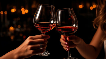 Two women's hands raising wine glasses in celebration at night