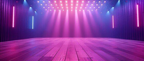 Stage Spotlight starts with the warm colors of a studio's hardwood floor and rises to the dynamic purples and pinks of stage lights ,Ideal for fitness app UI background . - obrazy, fototapety, plakaty