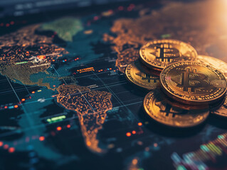 golden bitcoin and altcoins, conceptual image for crypto currency and the world