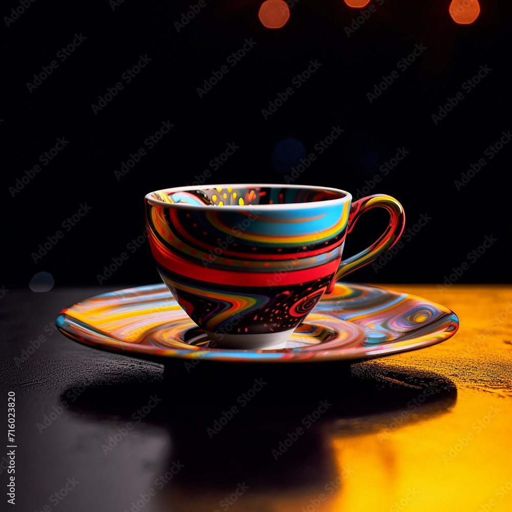 Wall mural colorful cup and saucer set on dark background with light reflections.