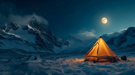 tent in the night, 
a tent pitched up on a snowy mountain at night with a full moon in the sky above it and a mountain range in the background