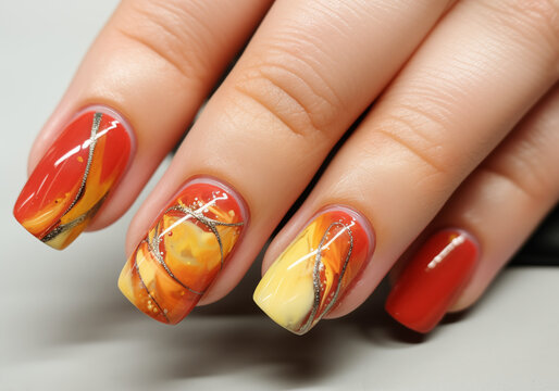 acrylic nails in orange, yellow, and subtle brown tones 