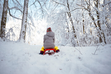 Fototapeta na wymiar Toddler girl in winter suit sitting on a sleigh in beautiful snowy nature