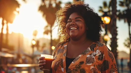 Tuinposter beautiful plump happy girl drinks coffee on a walk, palm trees, summer, plus size model, overweight woman, fat person, portrait, face, lady, lifestyle, weight loss, curvy, city, street © Julia Zarubina