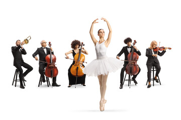 Ballerina dancing and orchestra playing classical music - obrazy, fototapety, plakaty