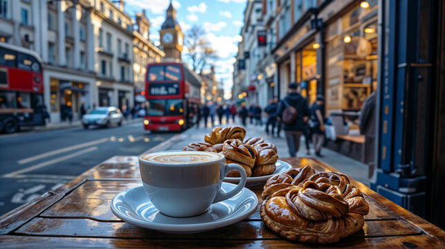 Outdoor sidewalk cafe eating a continental breakfast of coffee and croissants in London City