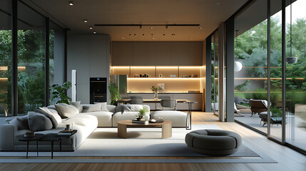Uma sala de estar moderna e elegante com decoração minimalista e grandes janelas  A luz natural...