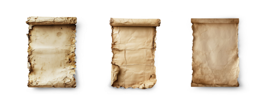 transparent png background cutouts of old rugged torn burnt letter page paper or scroll sheet set collection empty blank mockup - Powered by Adobe