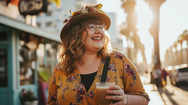beautiful plump happy girl drinks coffee on a walk, palm trees, summer, plus size model, overweight woman, fat person, portrait, face, lady, lifestyle, weight loss, curvy, city, street