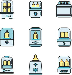 Baby bottle sterilizer icons set. Outline set of baby bottle sterilizer vector icons thin line color flat on white