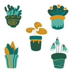 Set of illustrations pots with indoor plants. Hobbies and leisure. Flower care. Vector illustration. Isolated objects
