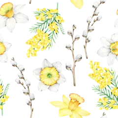 Schilderijen op glas Spring flowers pattern.Narcissus,mimosa flower,willow branch.Springtime.Watercolor floral seamless pattern. © Victoria