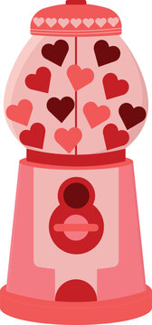 Hearts in a vending machine. A gum machine filled with red, pink and burgundy hearts on a transparent background. Valentine's Day. Vector illustration, EPS 10.