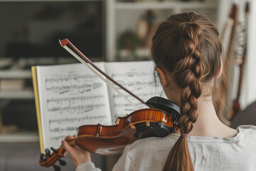 A shot from behind the shoulder capturing a girl with braided hair practicing the violin