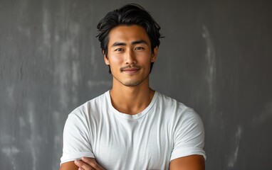 Obraz premium Portrait of young handsome Asian man smiling and looking camera with confidence.