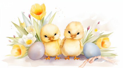 Obraz na płótnie Canvas Watercolor Illustration of Adorable, cute Yellow Chicks Among Spring Flowers and Easter Eggs.