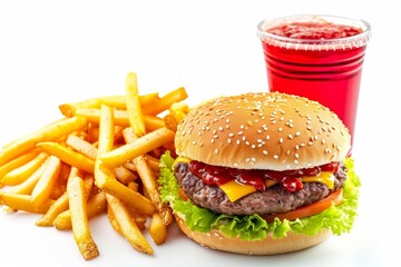 Hamburger, French Fries and Drink on a White Background