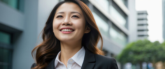 Obraz premium A confident and cheerful businesswoman in a professional suit, smiling in her office in the city, radiating happiness and success