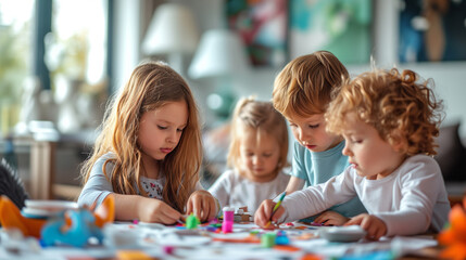 Fototapeta premium Focused children intently creating art with colorful markers and crafts at a play table, showing early learning and development.