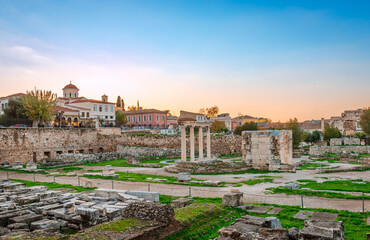 The ruins of the Roman Agora seen from the east. The site is located to the north of the Acropolis, in Athens, Greece.