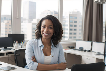 Smiling African American Woman Office Business AI Generated Image - obrazy, fototapety, plakaty