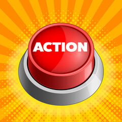 Action red button on yellow colorful bright background vector illustration. Concept illustration. Hand drawn color vector illustration.