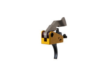 Shock trigger for gun isolate on white back. Gun trigger. Repair spare part.