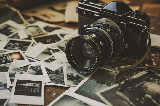 An old-school camera surrounded by scattered Polaroid photos