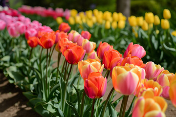 Rows of colorful tulips in a garden, creating a vibrant and harmonious visual display