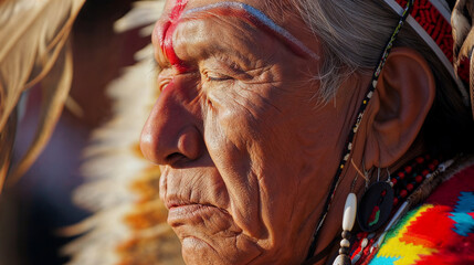 Close-up image captures detailed and expressive face of elderly Native American man adorned with traditional face paint and colorful beaded headband.