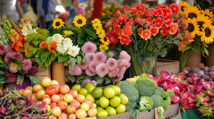 Obraz na płótnie Canvas A diverse array of fresh produce and flowers at a bustling farmers' market