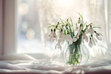 Horizontal snowdrops in a transparent glass vase on a table, with soft curtain light. Spring postcard with place for text. Floral symbol of spring time.