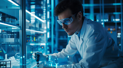 Um cientista usando um jaleco e óculos de proteção é visto trabalhando em um laboratório futurista cheio de tecnologia avançada e maquinaria - obrazy, fototapety, plakaty