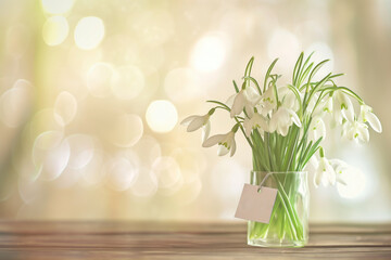Snowdrops in a clear glass vase with a blank card and warm bokeh lights. Spring card with place for text. Mock up, copy space. Spring time flowers